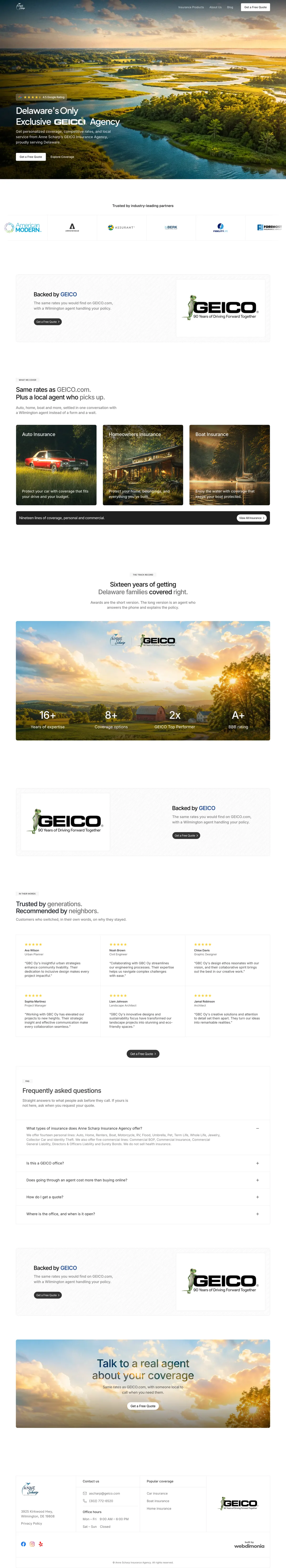 The full Anne Scharp Insurance homepage on a desktop screen