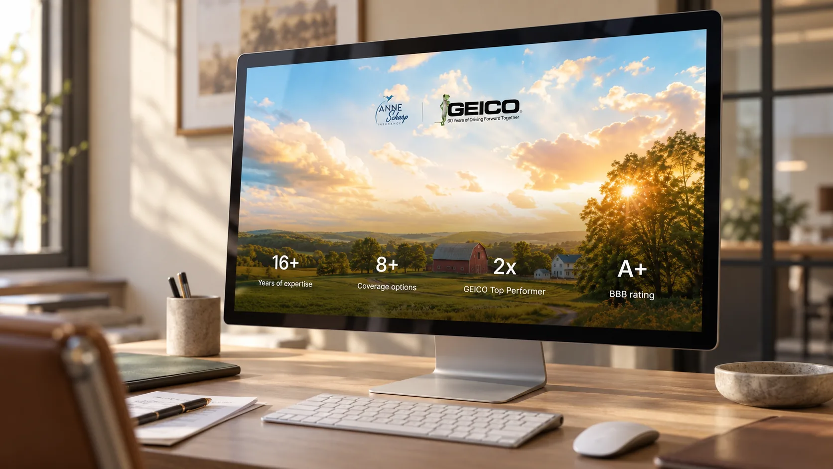 Anne Scharp Insurance website information section shown on a desktop monitor