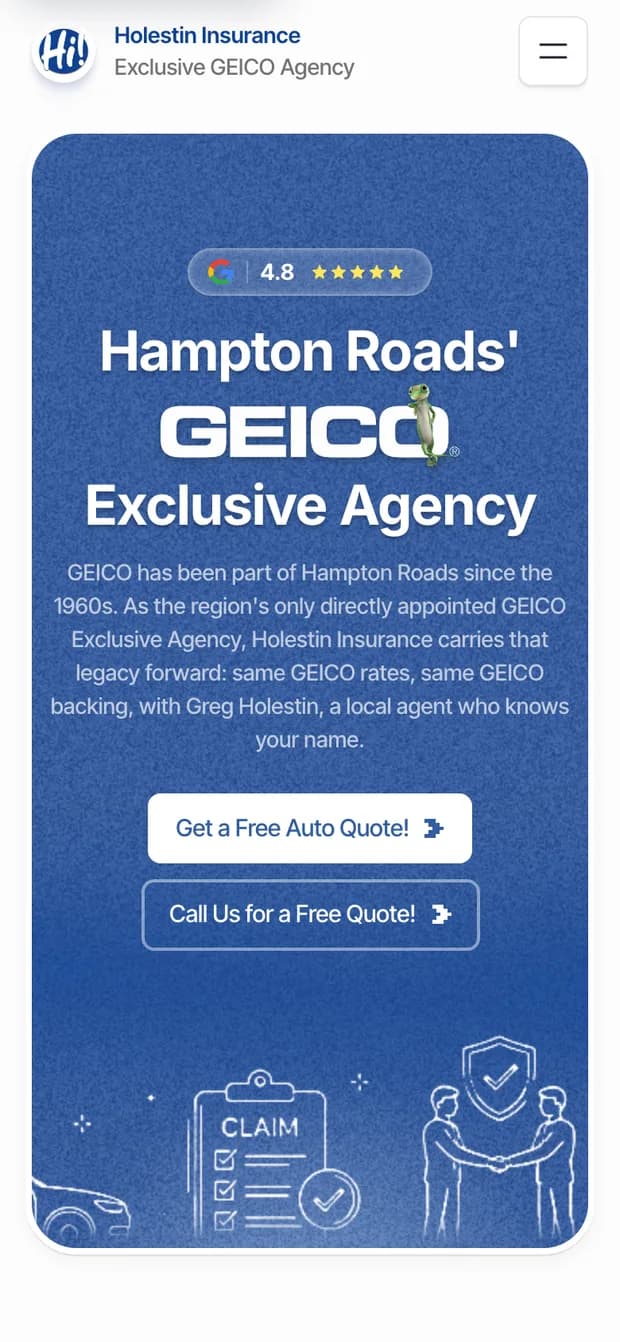 The same Holestin Insurance website adapted for mobile