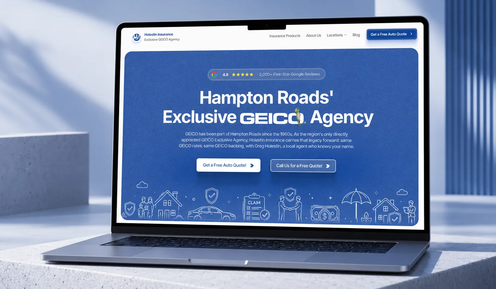 Holestin Insurance homepage shown on a laptop in a blue studio setting