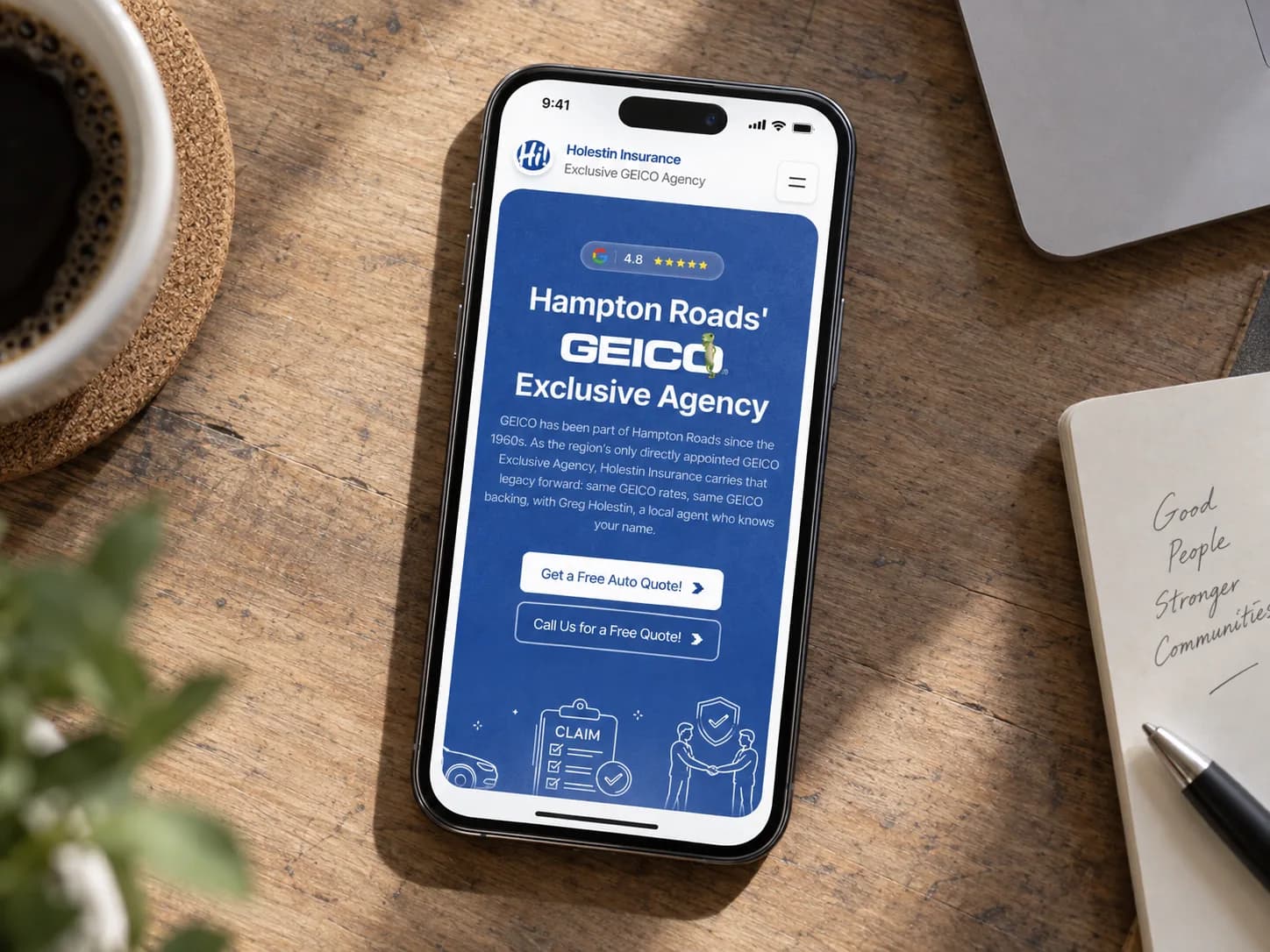 Holestin Insurance homepage shown on a phone
