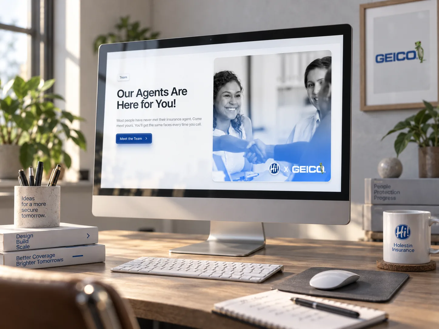 Holestin Insurance team section shown on a desktop monitor