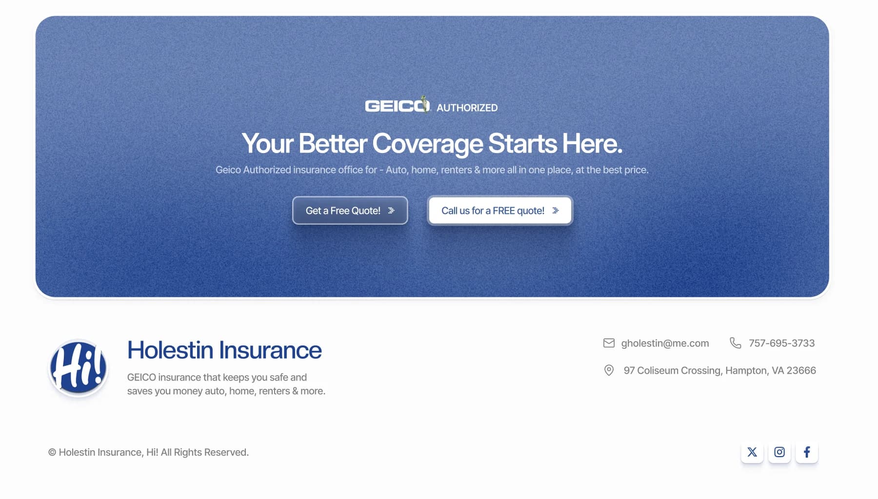 Holestin Insurance: Every way to reach either office, closing the page rather than a form.