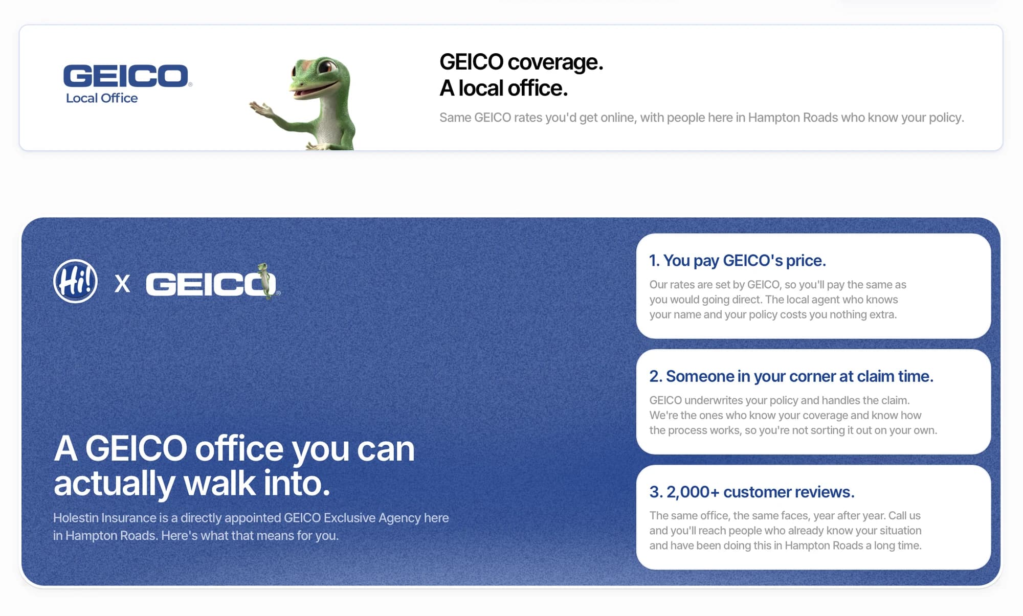 Holestin Insurance: The GEICO pairing gets its own block: same rates, a local office behind them.