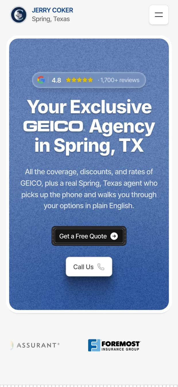 The Coker Insurance Agency homepage on a phone