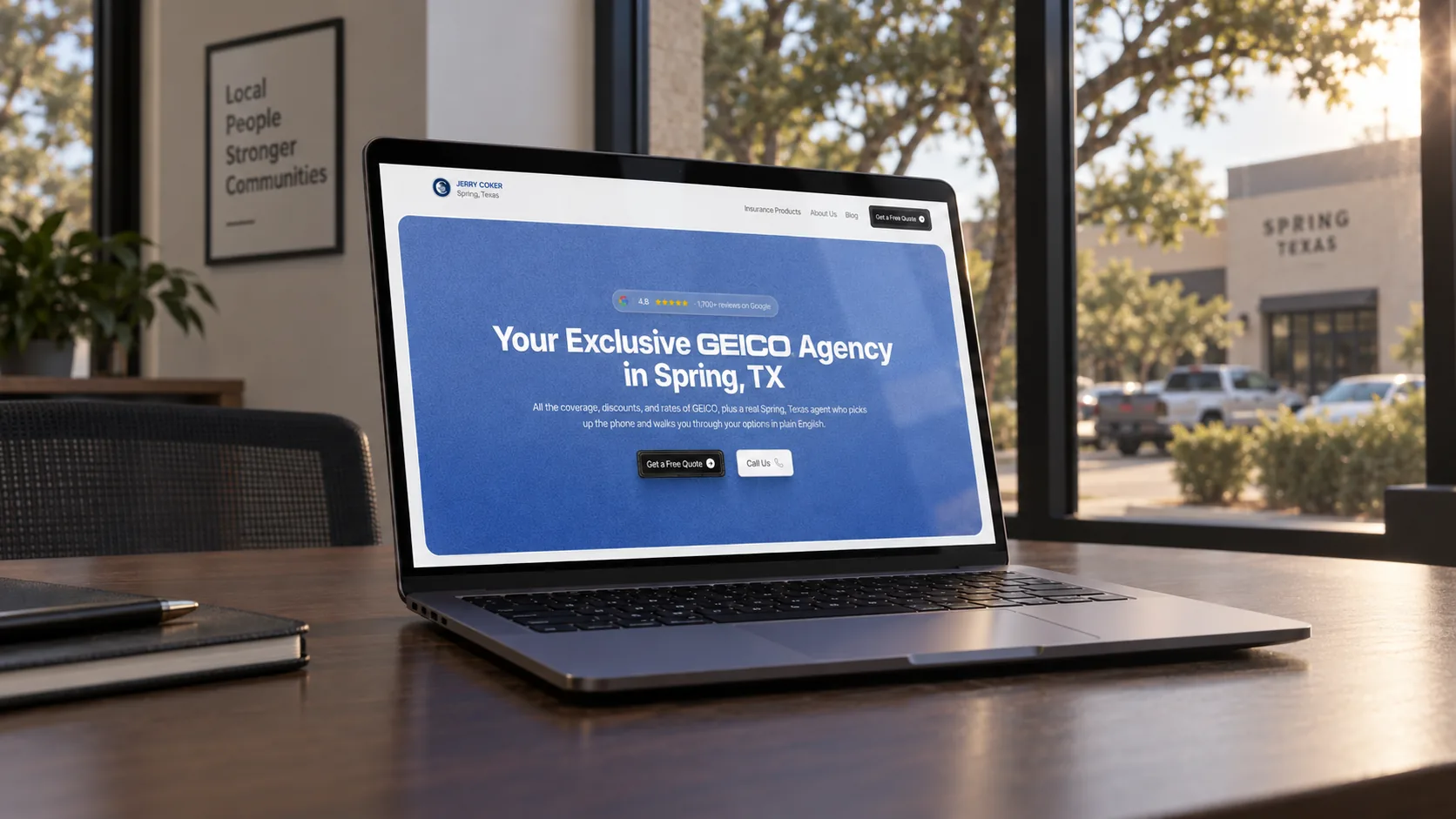Jerry Coker insurance agency homepage shown on a laptop in Spring Texas