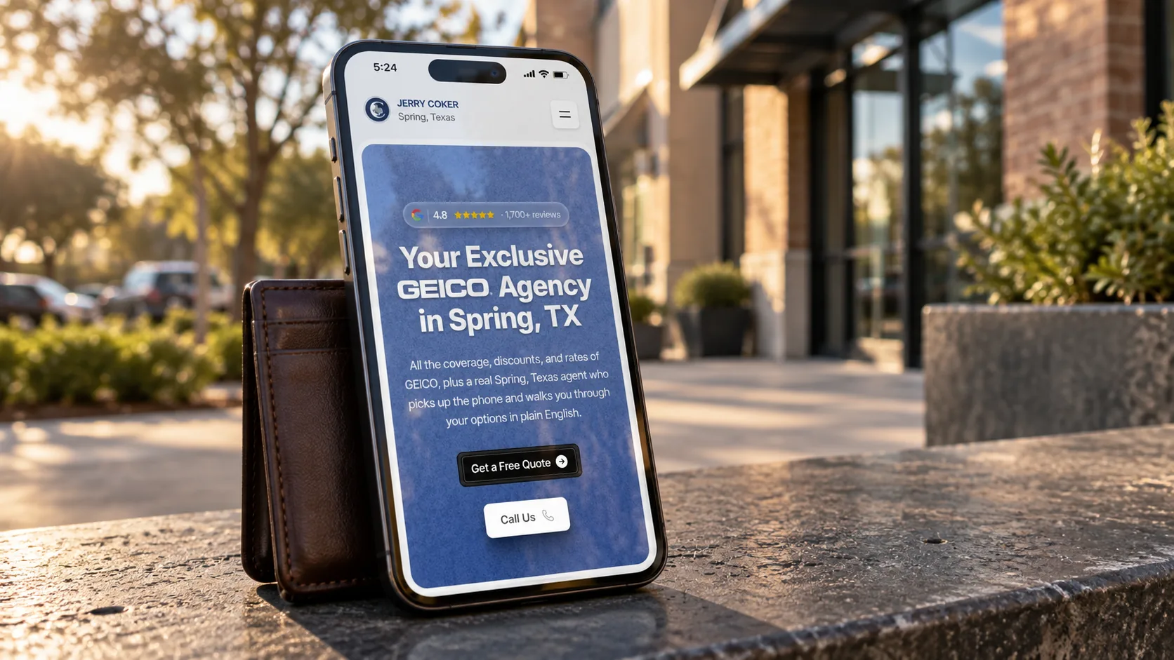 Jerry Coker insurance agency homepage shown on a phone in Spring Texas