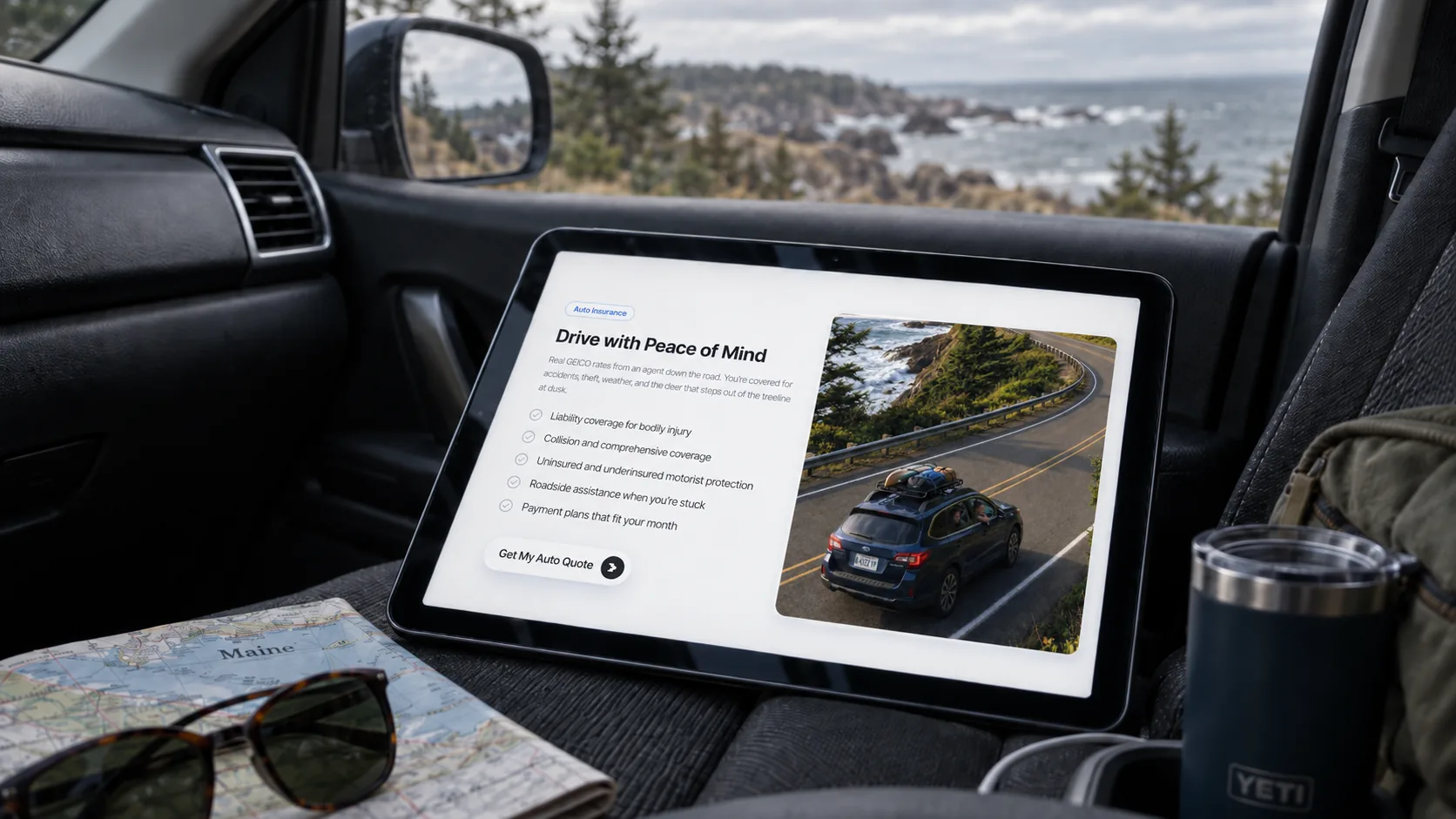 Northern Shore Insurance auto coverage section shown on a tablet by the Maine coast