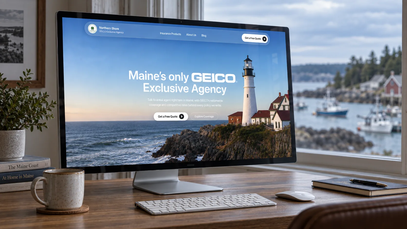 Northern Shore Insurance homepage shown on a desktop monitor beside a Maine harbor