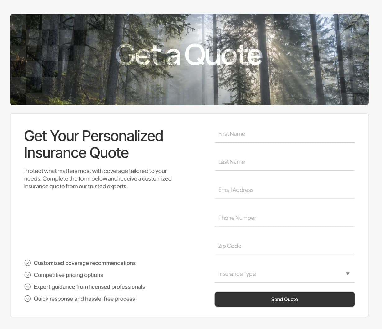 Northern Shore Insurance: One quote form, six fields, no product list to wade through first.