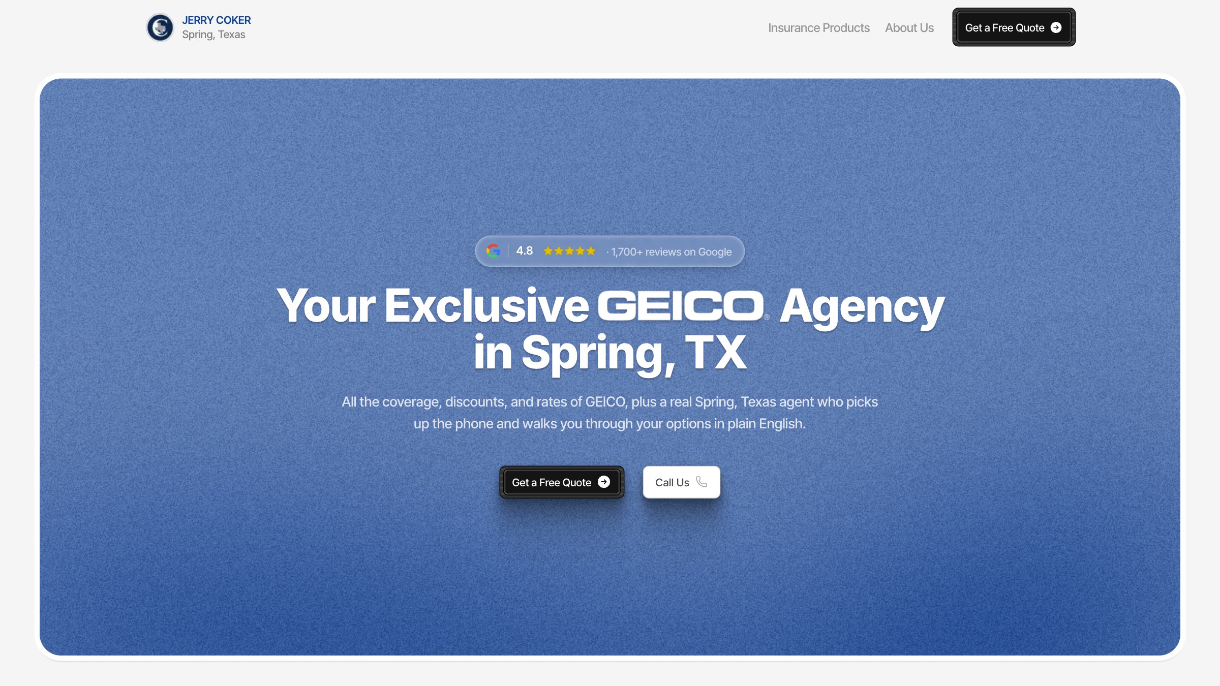 Jerry Coker Insurance — Local agency site with a lead workspace behind it