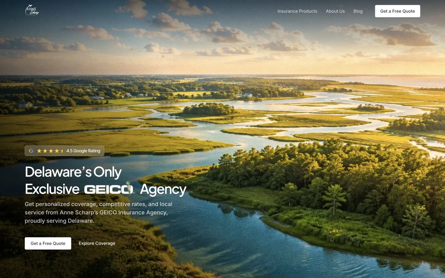 Anne Scharp Insurance homepage showing a broad landscape image and restrained typography