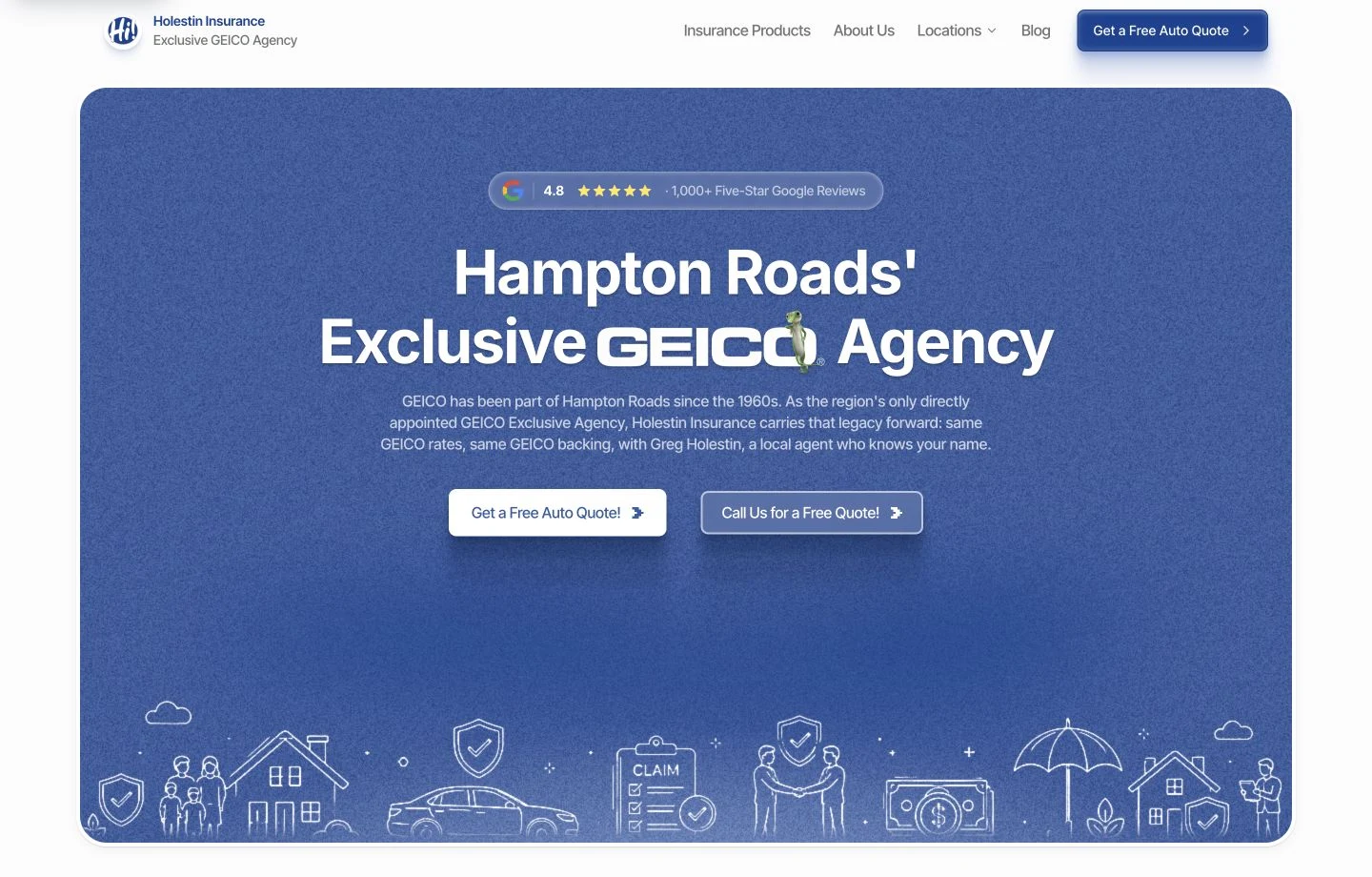 Holestin Insurance homepage with a blue textured hero, centered headline and insurance line illustrations