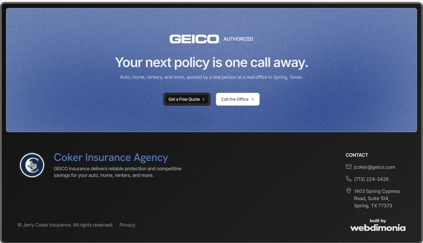 Coker Insurance closing section with a blue textured call-to-action panel above a dark footer and office contact details
