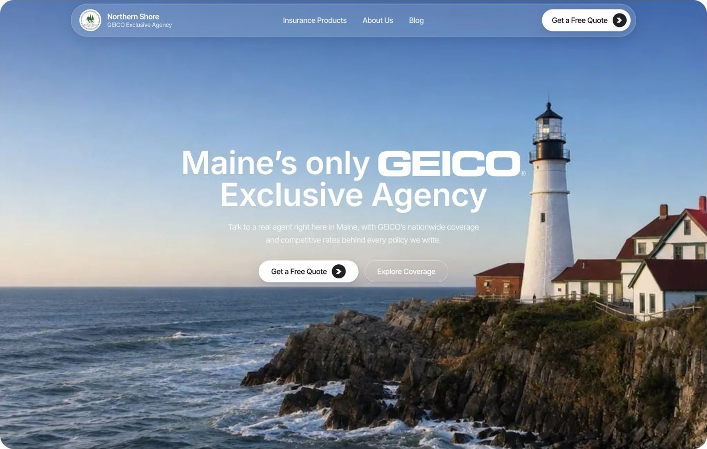 Northern Shore Insurance homepage with coastal imagery, a large headline and clear navigation
